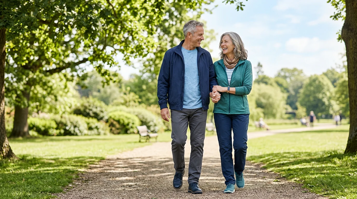 Active couple over 50 walking outdoors - healthy habits for your heart and circulation