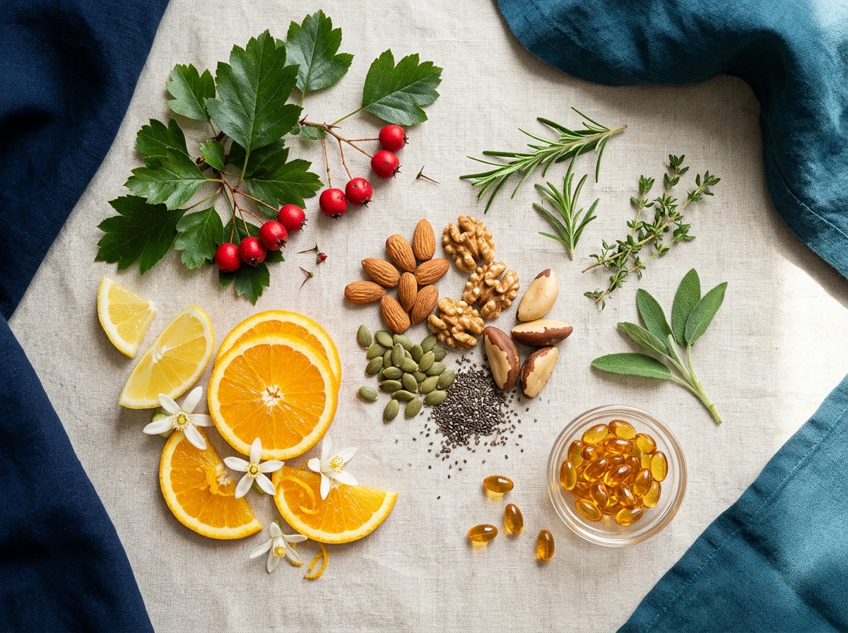 Vitamins for healthy blood vessels: hawthorn, nuts, citrus and omega-3 ingredients